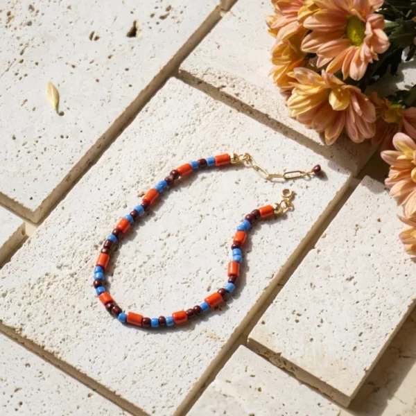 Handmade blue orange brown beaded anklet for men and women