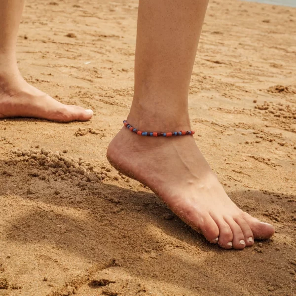 Handmade blue orange brown beaded anklet for men and women