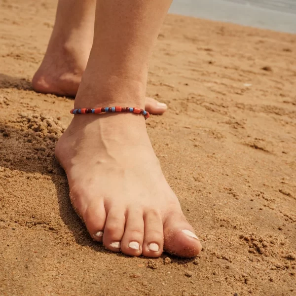 Handmade blue orange brown beaded anklet for men and women