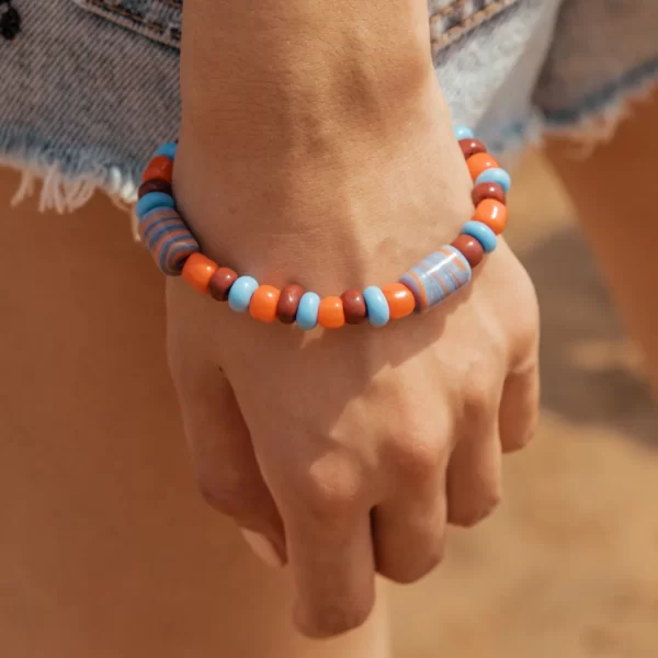 handmade tropical big brown orange blue glass bead bracelet