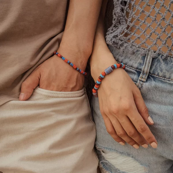 handmade tropical big brown orange blue glass bead bracelet