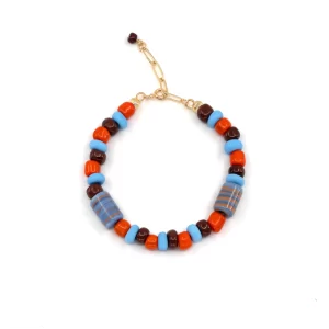 handmade tropical big brown orange blue glass bead bracelet