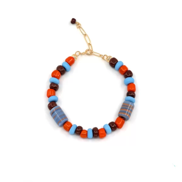 handmade tropical big brown orange blue glass bead bracelet