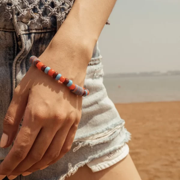 handmade tropical big brown orange blue glass bead bracelet