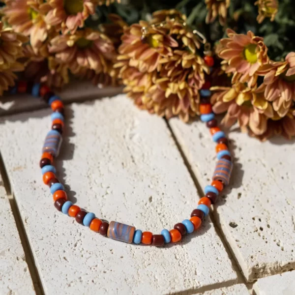 handmade unique brown orange blue glass bead necklace