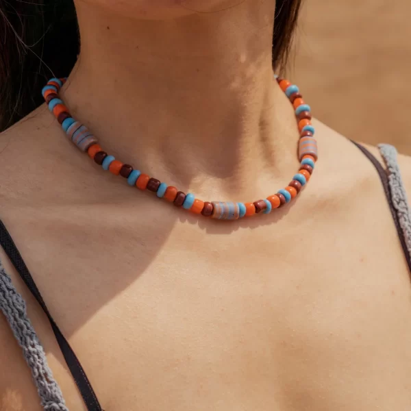 handmade unique brown orange blue glass bead necklace