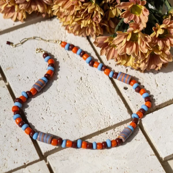 handmade unique brown orange blue glass bead necklace