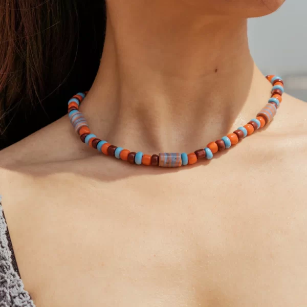 handmade unique brown orange blue glass bead necklace