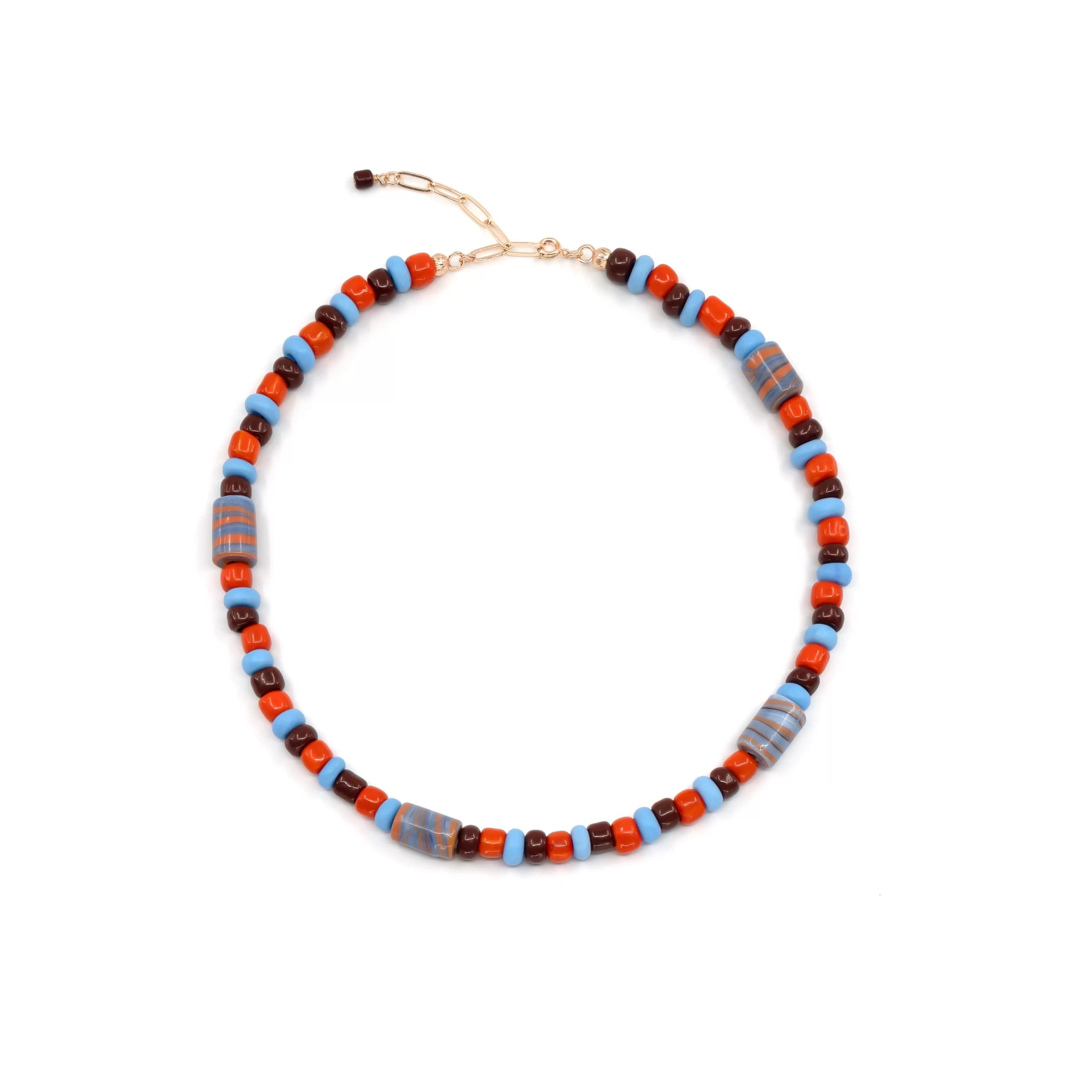 handmade unique brown orange blue glass bead necklace