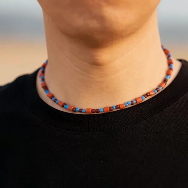 handmade everyday small brown orange blue glass bead necklace for her