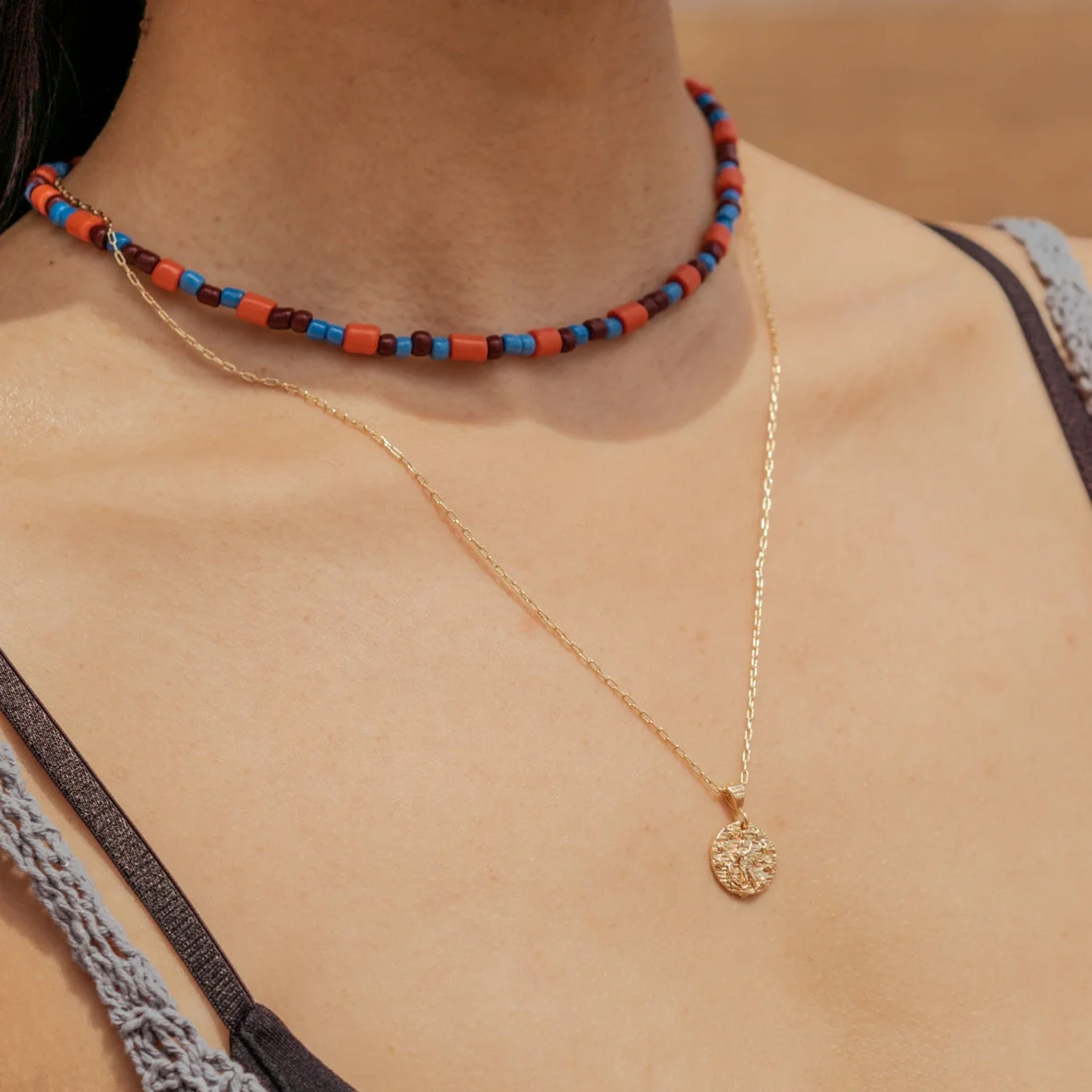 handmade everyday small brown orange blue glass bead necklace for her