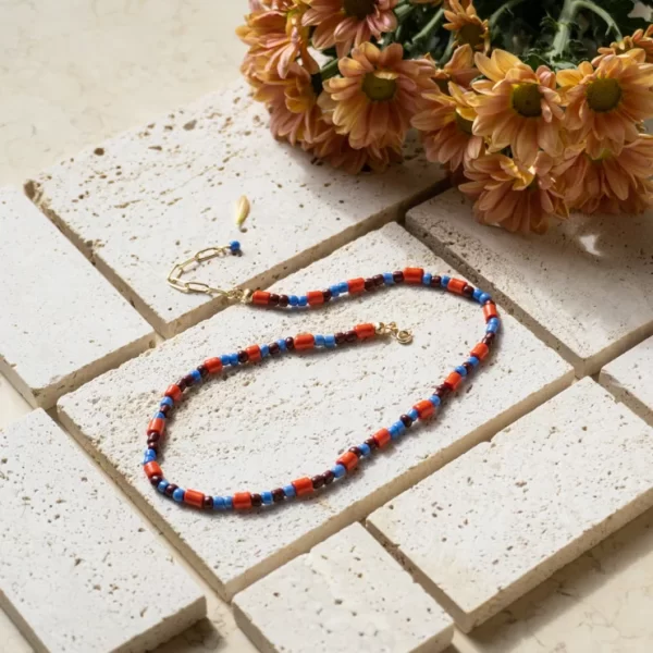 handmade everyday small brown orange blue glass bead necklace for her