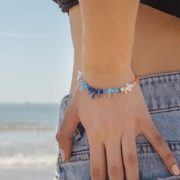 handmade white blue orange beach beaded bracelet