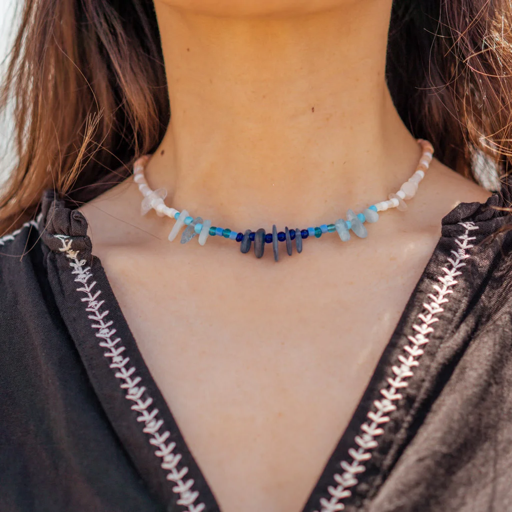 handmade white blue orange beaded necklace for summer