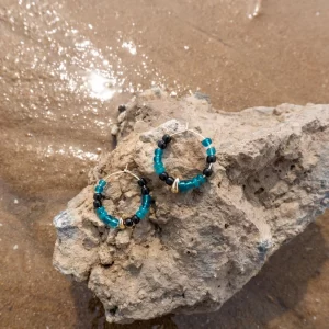 handmade black blue beaded hoop earrings