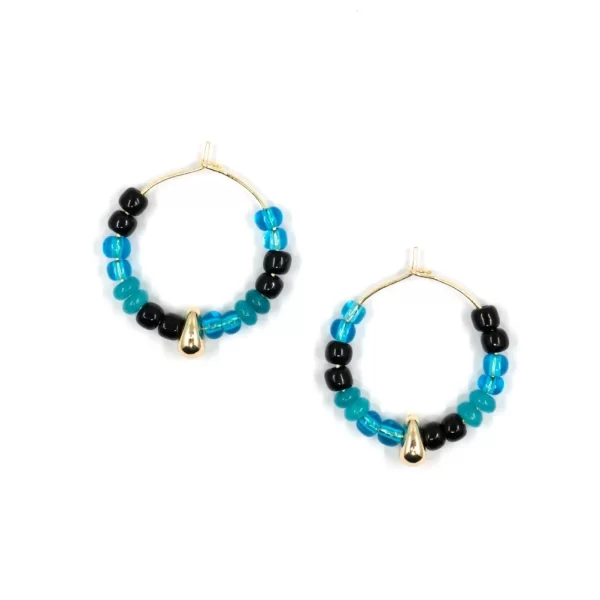 handmade black blue beaded hoop earrings