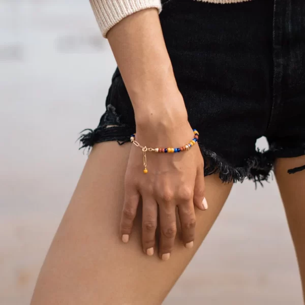 women’s handmade yellow orange brown blue bead bracelet