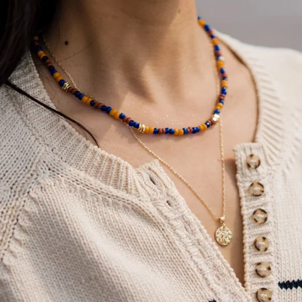 women’s everyday handmade yellow orange brown blue bead necklace