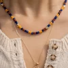 women’s everyday handmade yellow orange brown blue bead necklace