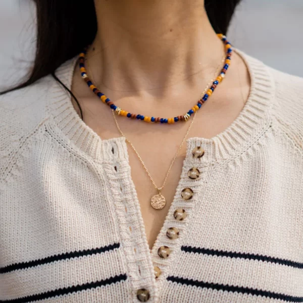 women’s everyday handmade yellow orange brown blue bead necklace