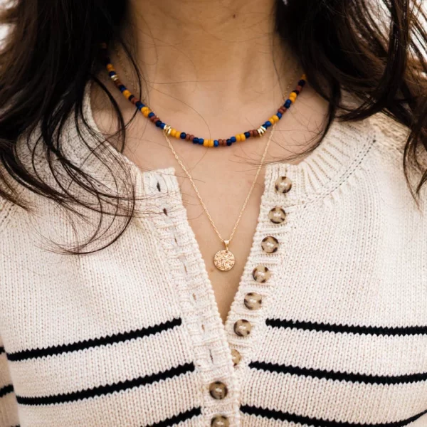 women’s everyday handmade yellow orange brown blue bead necklace