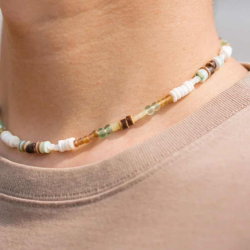 summer Handmade green white bead necklace men