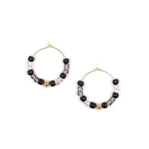 handmade black purple beaded hoop earrings